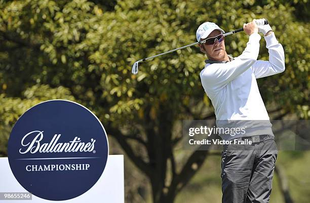 Mikko Ilonen of Finland tees off on the 14th hole during the Round Three of the Ballantine's Championship at Pinx Golf Club on April 25, 2010 in...