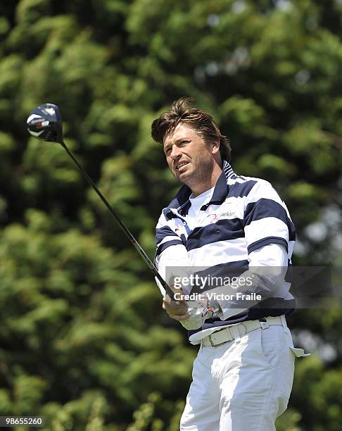 Robert-Jan Derksen of The Netherlands tees off on the 7th hole during the Round Three of the Ballantine's Championship at Pinx Golf Club on April 25,...