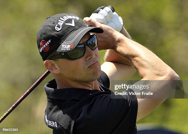 Niclas Fasth of Sweden tees off on the 14th hole during the Round Three of the Ballantine's Championship at Pinx Golf Club on April 25, 2010 in Jeju,...