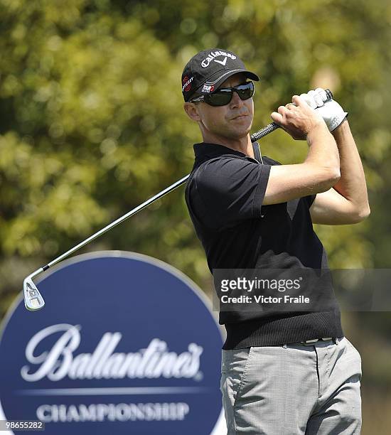 Niclas Fasth of Sweden tees off on the 14th hole during the Round Three of the Ballantine's Championship at Pinx Golf Club on April 25, 2010 in Jeju,...