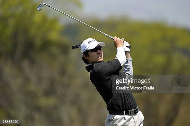 Kim Kyung-tae of Korea tees off on the 14th hole during the Round Three of the Ballantine's Championship at Pinx Golf Club on April 25, 2010 in Jeju,...