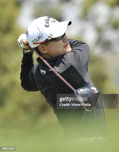 Ted Oh of Korea tees off on the 7th hole during the Round Three of the Ballantine's Championship at Pinx Golf Club on April 25, 2010 in Jeju, South...