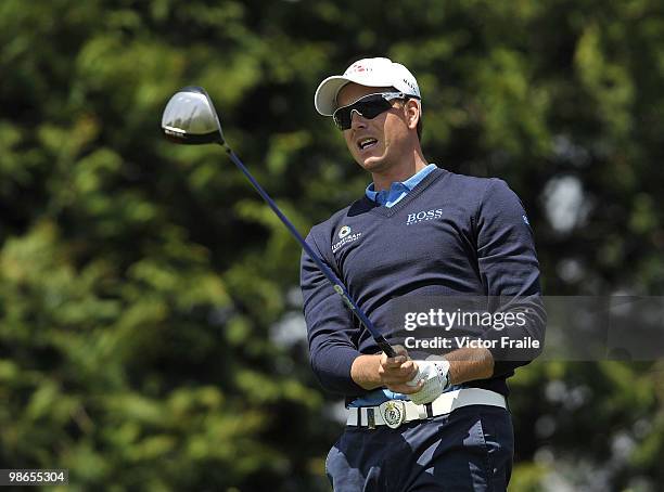 Henrik Stenson of Sweden tees off on the 7th hole during the Round Three of the Ballantine's Championship at Pinx Golf Club on April 25, 2010 in...