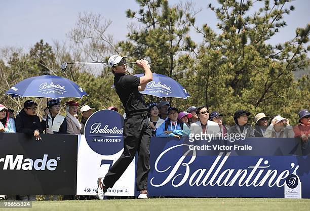 Brett Rumford of Australia tees off on the 7th hole during the Round Three of the Ballantine's Championship at Pinx Golf Club on April 25, 2010 in...