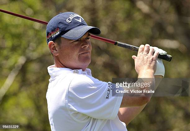 David Drysdale of Scotland tees off on the 9th hole during the Round Three of the Ballantine's Championship at Pinx Golf Club on April 25, 2010 in...