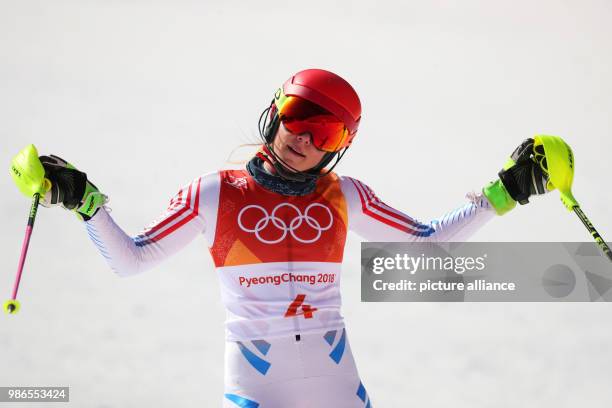 Mikaela Shiffrin of USA reacts after the 2nd heat of the women's Slalom alpine skiing event during the Pyeongchang 2018 winter olympics in Yongpyong,...