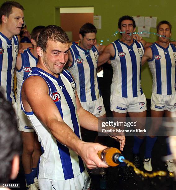 Ben Cunnington of the Kangaroos celebrates after his first game win during the round five AFL match between the Hawthorn Hawks and the North...