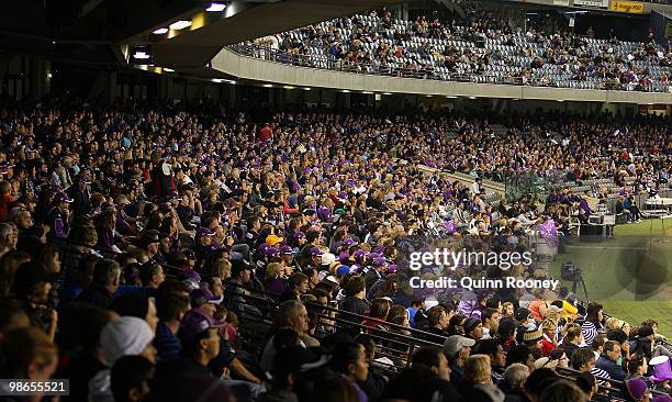 Big crowd watches on during the round seven NRL match between the Melbourne Storm and the Warriors at Etihad Stadium on April 25, 2010 in Melbourne,...