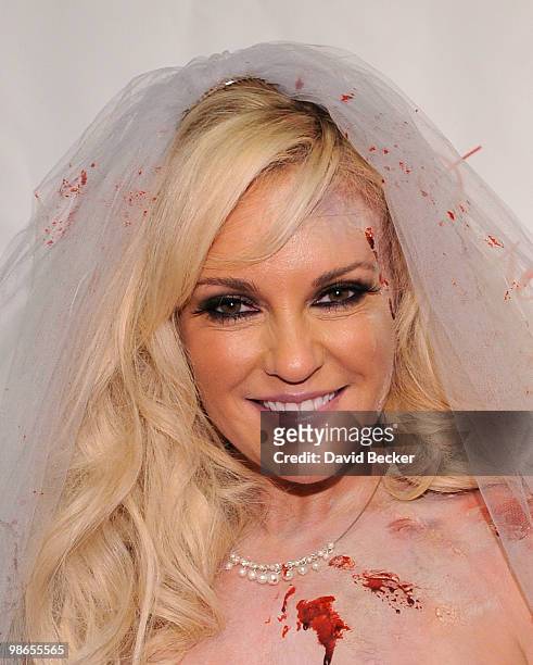Television personality Bridget Marquardt, dressed in a costume, arrives to host the Halfway to Halloween Party at the Eve nightclub at Crystals at...
