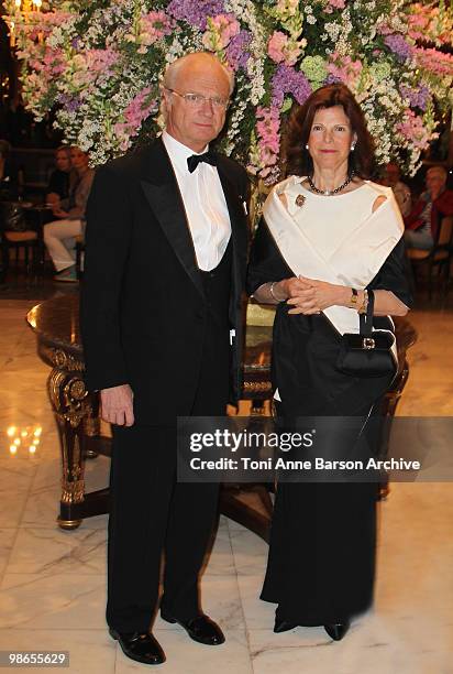 King Carl Gustav of Sweden and Queen Silvia of Sweden attend The World Scout Foundation Diner at Hotel de Paris on April 24, 2010 in Monte-Carlo,...