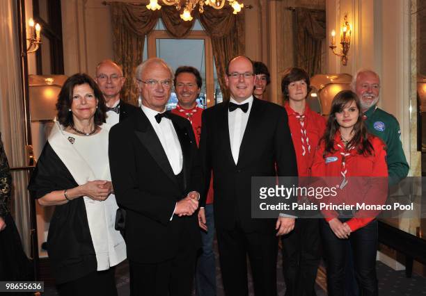 Queen Silvia of Sweden, King Carl Gustav of Sweden and Prince Albert II of Monaco attend The World Scout Diner at Hotel de Paris on April 24, 2010 in...