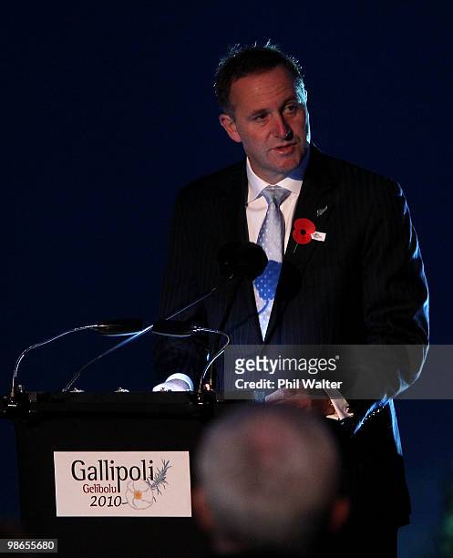 New Zealand Prime Minister John Key speaks during the ANZAC Day Dawn Service at ANZAC Cove on April 25, 2010 in Gallipoli, Turkey. Today commemorates...