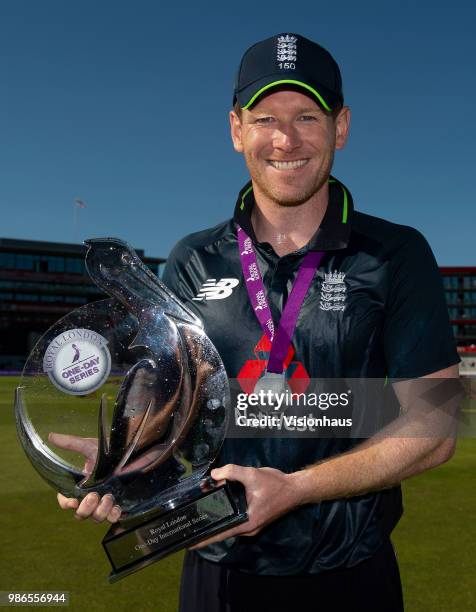 England captain Eoin Morgan holds the Royal London trophy after winning the 5th Royal London ODI between England and Australia at the Emirates Old...