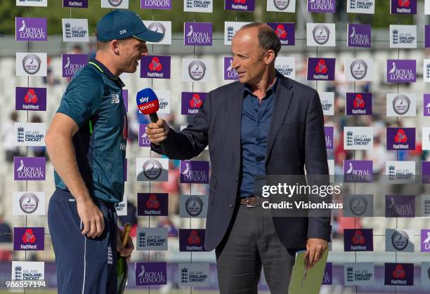 Jos Buttler of England is interviewed by Nasser Hussain of Sky Sports Cricket during the 5th Royal London ODI between England and Australia at the...