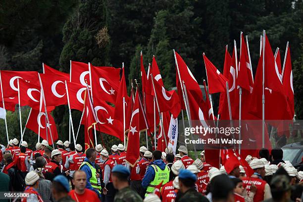 Turkish people march around the Chunuk Bair memorial on April 25, 2010 in Gallipoli, Turkey. Today commemorates the 95th anniversary of ANZAC Day,...