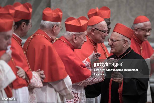 Cardinals greets Newly appointed Cardinal Luis Raphael I Sako of Iraq during a consistory ceremony lead by Pope Francis to create 14 new cardinals at...