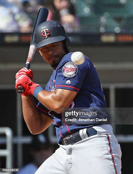 Eduardo Escobar of the Minnesota Twins ducks out of the way of an inside pitch against the Chicago White Sox at Guaranteed Rate Field on June 28,...