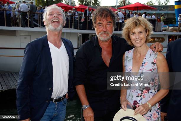 Actors Geoffroy Thiebaut and Olivier Marchal and Actress Anne Richard attend "Trophee de la Petanque Gastronomique" at Paris Yacht Marina on June 28,...