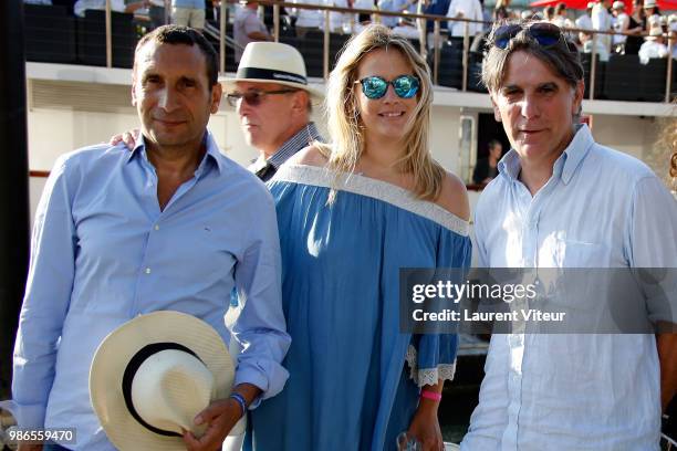 Actor Zinedine Soualem, Painter Caroline Faindt and TV Presenter Tex attend "Trophee de la Petanque Gastronomique" at Paris Yacht Marina on June 28,...