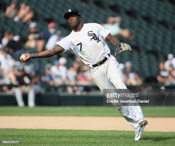 Tim Anderson of the Chicago White Sox tries to throw out a Minnesota Twins runner at Guaranteed Rate Field on June 28, 2018 in Chicago, Illinois. The...