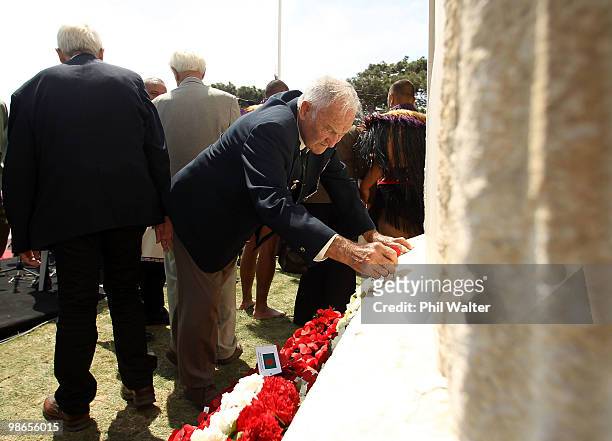 New Zealand War Verterans place poppies on the memorial at the New Zealand Commemorative Service at Chunuk Bair on April 25, 2010 in Gallipoli,...