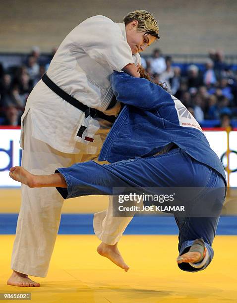 Italy's Lucia Tangorre and Poland's Ursula Sadkowska fight for bronze in the women's +78 kg event during the European Judo championships in Vienna on...