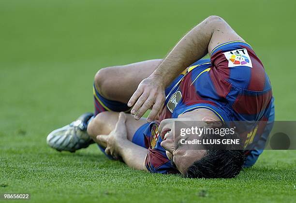 Barcelona's midfielder Xavi Hernandez reacts during their Spanish League football match between Barcelona and Jerez on April 24, 2010 at Camp Nou...