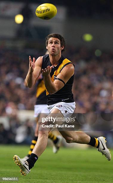 Chris Newman of the Tigers marks the ball during the round five AFL match between the Fremantle Dockers and the Richmond Tigers at Subiaco Oval on...