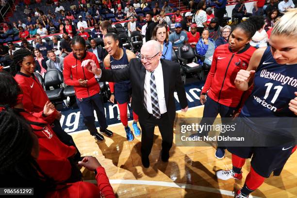 Head Coach Mike Thibault of the Washington Mystics is photographed during a huddle on June 28, 2018 at Capital One Arena in Washington, DC. NOTE TO...