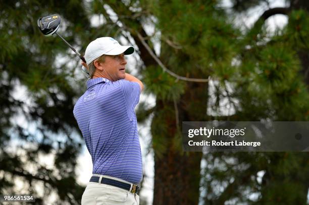 David Toms makes a tee shot on the fifth hole during round one of the U.S. Senior Open Championship at The Broadmoor Golf Club on June 28, 2018 in...