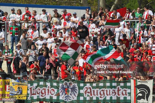 The fans of Augsburg are seen during the Second Bundesliga match between FSV Frankfurt and FC Augsburg at the Volksbank stadium on April 25, 2010 in...