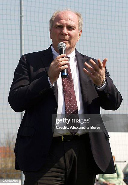 President of Bayern Muenchen Uli Hoeness speaks during the inauguration of the Kurt Landauer soccer stadium on April 25, 2010 in Munich, Germany.