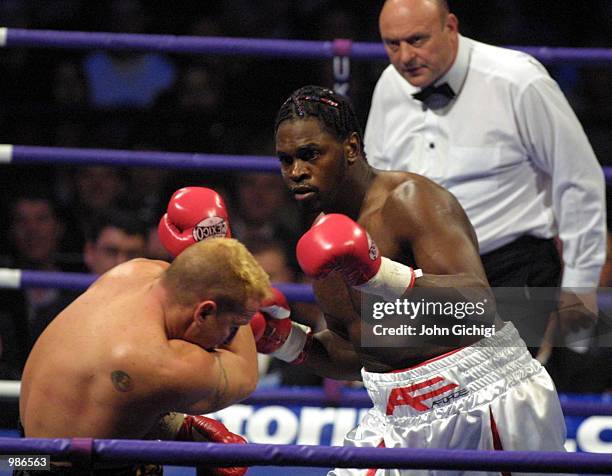 May 2001. Audley Harrison of Great Britain on the attack against Mike Middleton of the USA during Harrison's first professional fight at the Wembley...