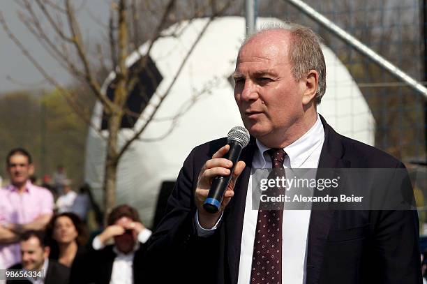 President of Bayern Muenchen Uli Hoeness speaks during the inauguration of the Kurt Landauer soccer stadium on April 25, 2010 in Munich, Germany.