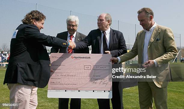 President of Maccabi Muenchen soccer club Robby Rajber, Bayern Muenchen vice president Fritz Scherer, president Uli Hoeness and CEO Karl-Heinz...