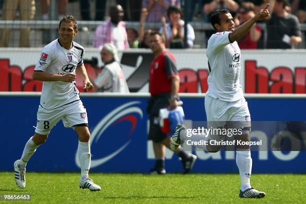 Cidimar da Silva of Frankfurt celebrates the first goal with Sead Mehic during the Second Bundesliga match between FSV Frankfurt and FC Augsburg at...