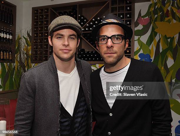 Actors Chris Pine and Zachary Quinto attend the 'Monogamy' after party during the 2010 Tribeca Film Festival at Beba on April 24, 2010 in New York...