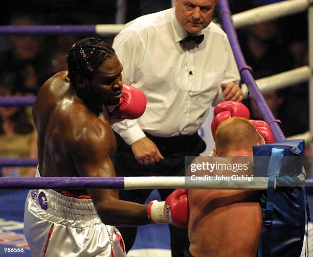 May 2001. Audley Harrison of Great Britain on the attack against Mike Middleton of the USA during Harrison's first professional fight at the Wembley...