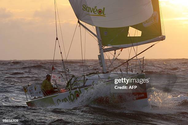 French skipper Romain Attanasio sails on his "Saveol" monohull on April 25, 2010 during the AG2R LA MONDIALE sailing race between Concarneau and...