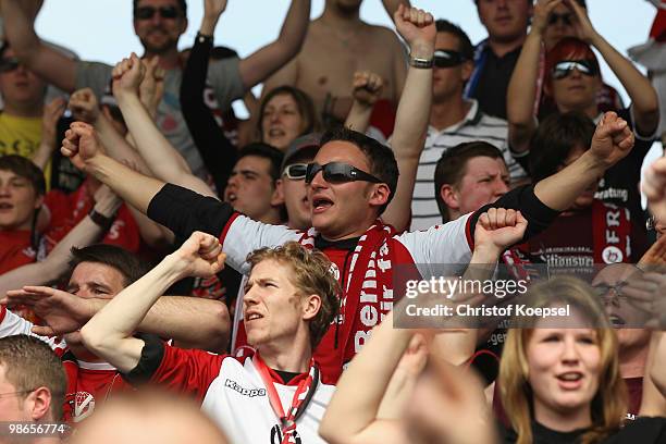 The fans of Kaiserslautern celebrate the rise to the 1. Bundesliga after the 1-1 draw of the Second Bundesliga match between FSV Frankfurt and FC...