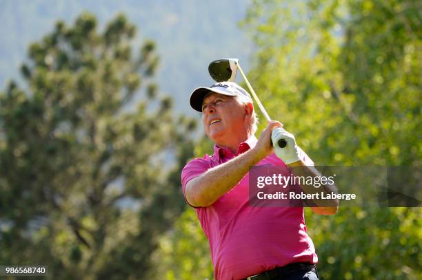 Hale Irwin makes a tee shot on the seventh hole during round one of the U.S. Senior Open Championship at The Broadmoor Golf Club on June 28, 2018 in...