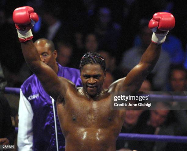 May 2001. Audley Harrison of Great Britain celebrates after beating Mike Middleton of the USA during Harrison's first professional fight at the...