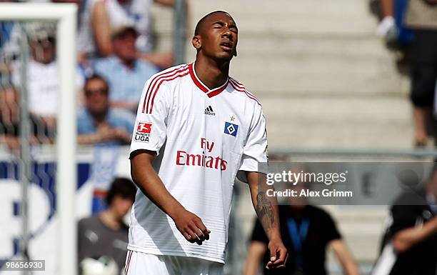 Jerome Boateng of Hamburg reacts during the Bundesliga match between 1899 Hoffenheim and Hamburger SV at the Rhein-Neckar Arena on April 25, 2010 in...