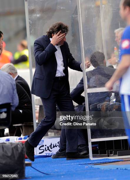 Head coach of Siena Alberto Malesani gestures during the Serie A match between Udinese Calcio and AC Siena at Stadio Friuli on April 25, 2010 in...