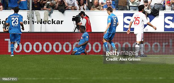Chinedu Obasi of Hoffenheim celebrates his team's third goal with team mates Sejad Salihovic and Vedad Ibisevic as Tomas Rincon of Hamburg reacts...