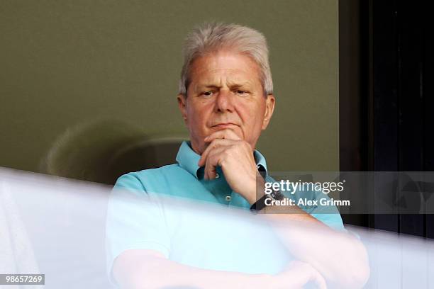 Sponsor Dietmar Hopp of Hoffenheim looks on before the Bundesliga match between 1899 Hoffenheim and Hamburger SV at the Rhein-Neckar Arena on April...