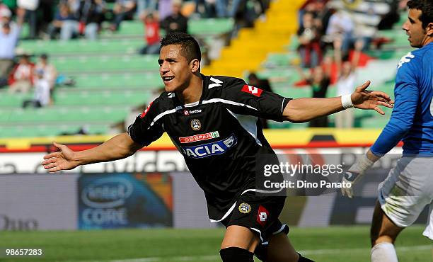 Alexis Alejandro Sanchez of Udinese celebrates after scoring the third goal during the Serie A match between Udinese Calcio and AC Siena at Stadio...