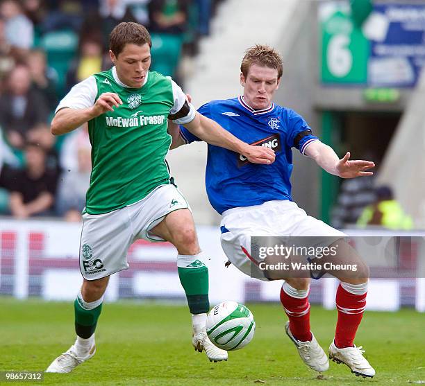 John Rankin of Hibs competes with Steve Davis of Rangers during the Clydesdale Bank Scottish Premier League match between Hibernian and Rangers at...
