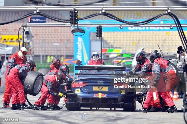 Pit stop of Audi driver Mattias Ekstroem of Sweden during the race of the DTM 2010 German Touring Car Championship on April 25, 2010 in Hockenheim,...