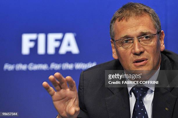 Seneral Secretary, French Jerome Valcke gestures during a press conference on April 23, 2010 at the football's governing body headquarters in Zurich,...